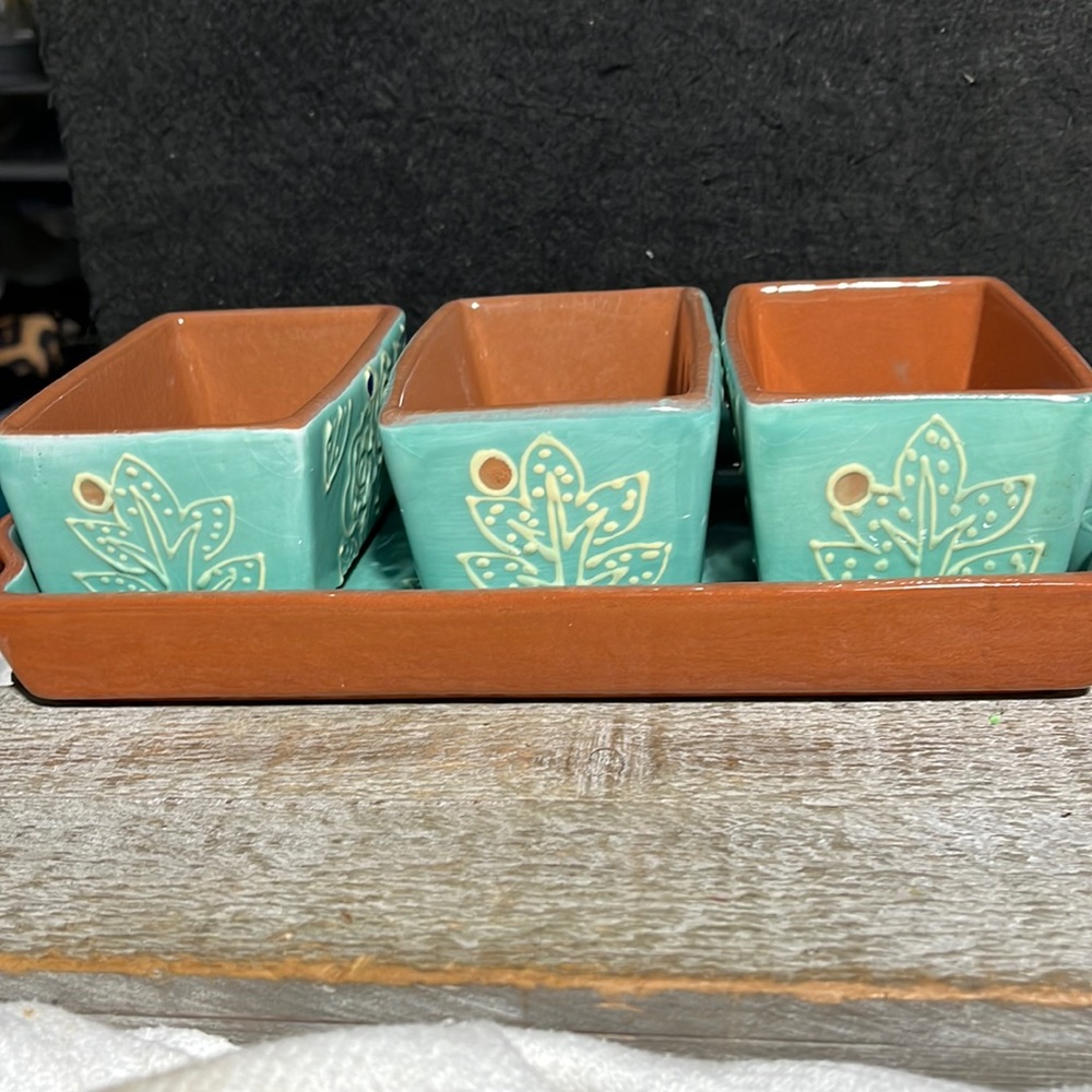 Vintage Turquoise Blue or Aqua Ceramic Earthenware 11 Inch and 3 matching boxes